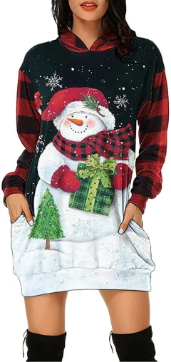 Christmas City Casual Hooded Loose fitting Dress - 9Style-Xl - View 1