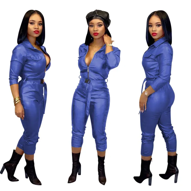 Women's Casual Fashion Solid Color High Elastic Leather Jumpsuit Blue - Shop at LoveMi