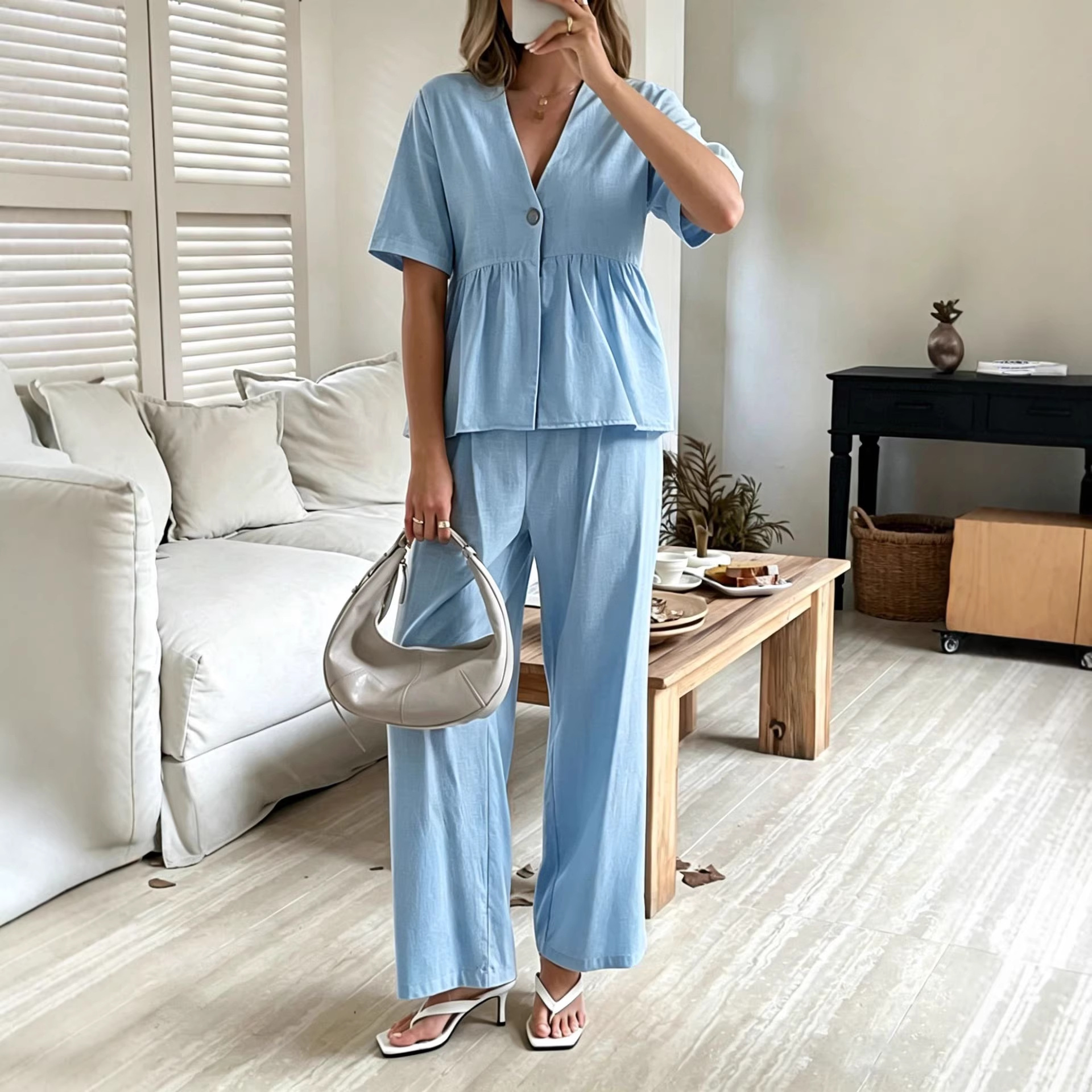 V-neck Loose-fit Short-sleeve Top And Wide-leg Pants Two-piece Set - Image 1