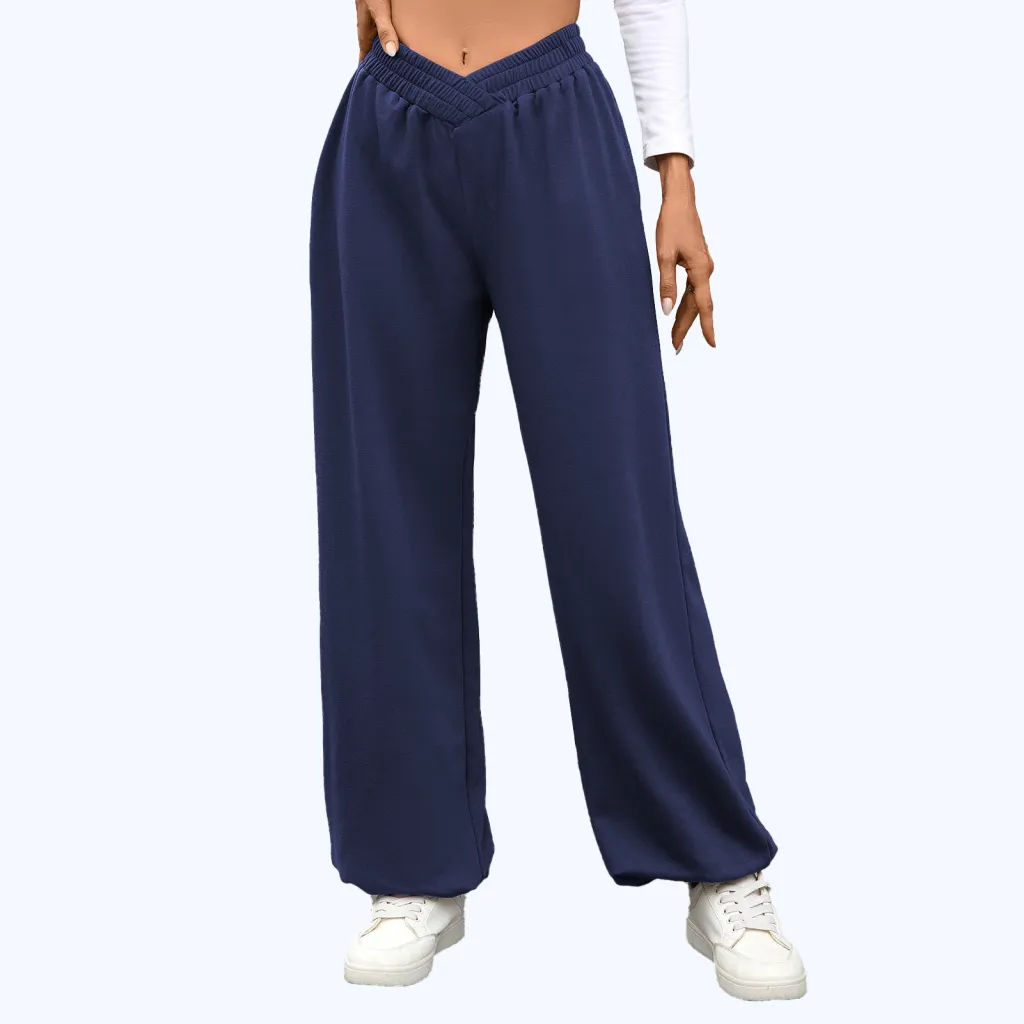 High Waist Pure Color Pocket Ankle-tied Trousers Casual Pants For Women - Navy Blue