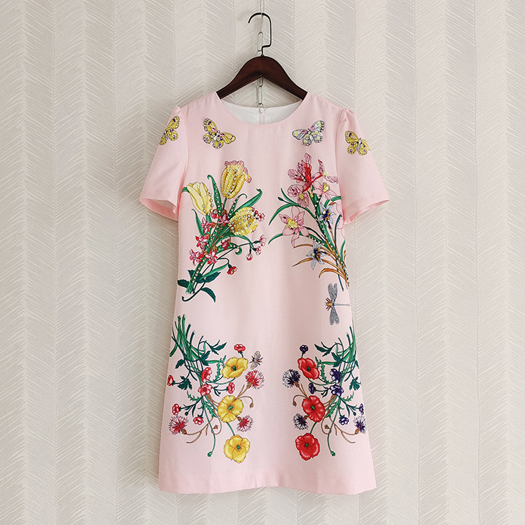 French Fashion Printed Heavy Industry Beads Short Sleeve Slim Fit Slimming Dress