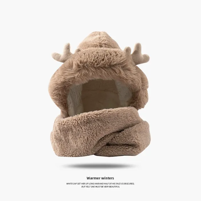 Christmas Elk Ear Hat Scarf Gloves Integrated Three piece Set Color Matching Antlers Khaki - Shop at LoveMi