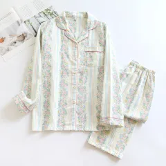 Japanese Sweet Ladies' Homewear Cotton Double-layer Gauze New Long-sleeved Trousers Two-piece Set - Color Stripes-Xl - View 1