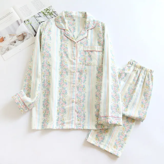 Japanese Sweet Ladies' Homewear Cotton Double layer Gauze New Long sleeved Trousers Two piece Set Color Stripes L - Shop at LoveMi