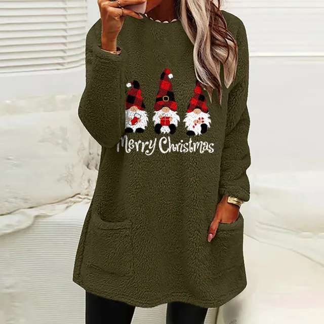 Christmas Letter Printing Round Neck Loose Long Sleeves Pocket Fleece Sweatshirt Army Green - Shop at LoveMi