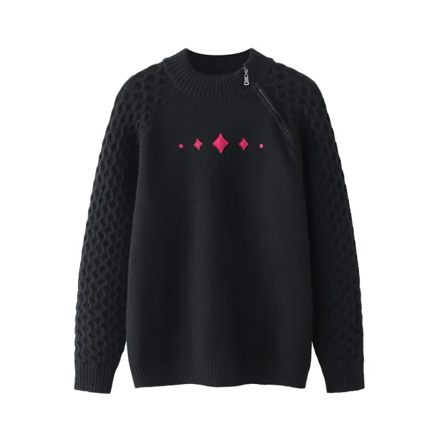 American Retro Simple Pullover Embroidered Sweater Black - Shop at LoveMi