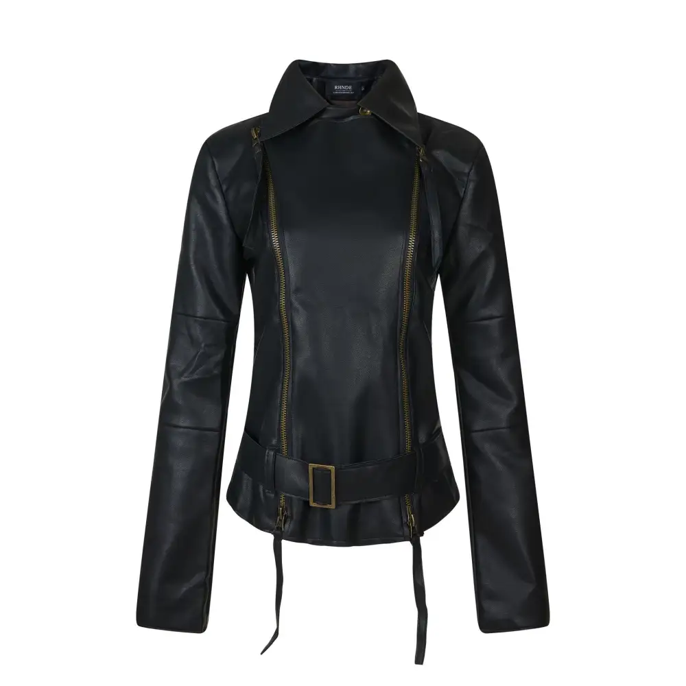 Womens American-style Dark-chic Leather Biker Jacket with a Stand-up