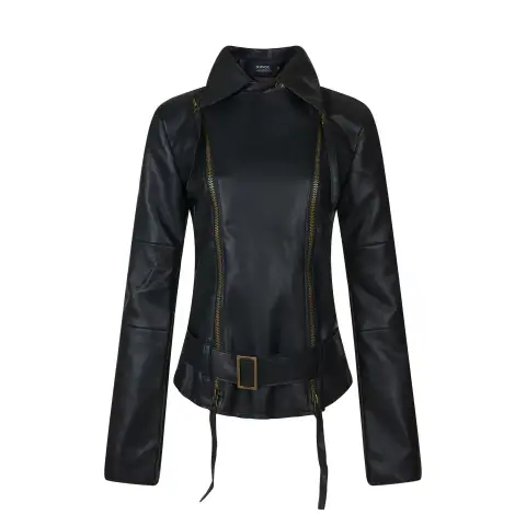 Womens American-style Dark-chic Leather Biker Jacket with a Stand-up