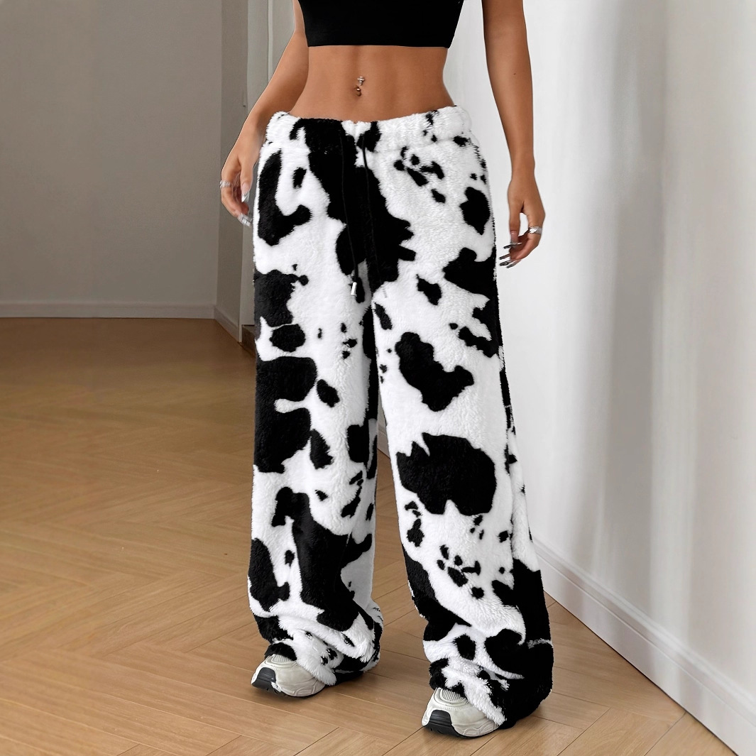 Loose-fitting Plush Pants With A Cow Print Pattern