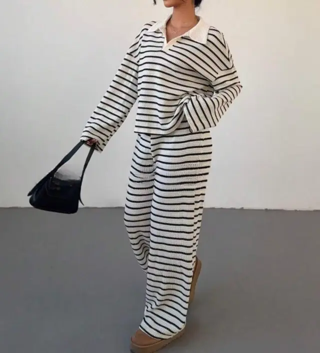 Striped Lapel Fashionable Knitted Loose Long Sleeve Top Casual Trousers Suit Black - Shop at LoveMi