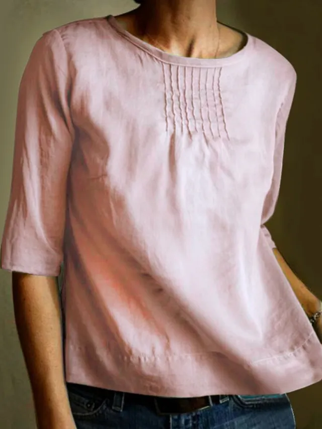 Women's Solid Color Loose Round Neck Shirt With Half Sleeve Top Lotus Root Color - Shop at LoveMi