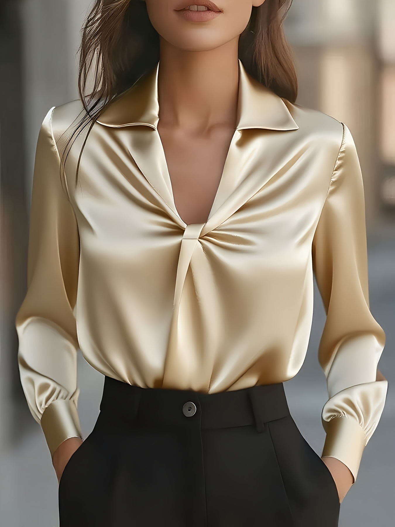 Autumn Fashion Temperament Solid Color Satin Pleated Long Sleeve Shirt Women - Image 3