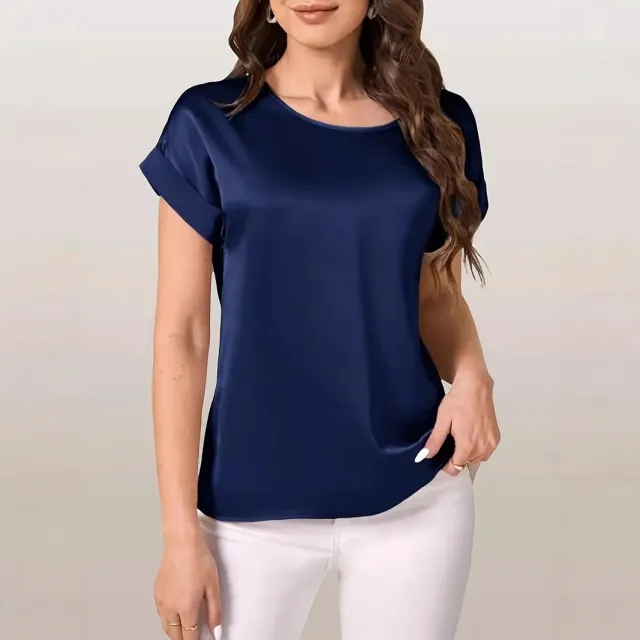 Round Neck Solid Color Smooth Surface Short Sleeve Loose Blue - Shop at LoveMi
