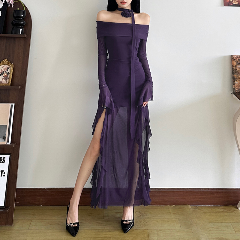 Women's Solid Color Slim Collar Long Sleeve Split Dress