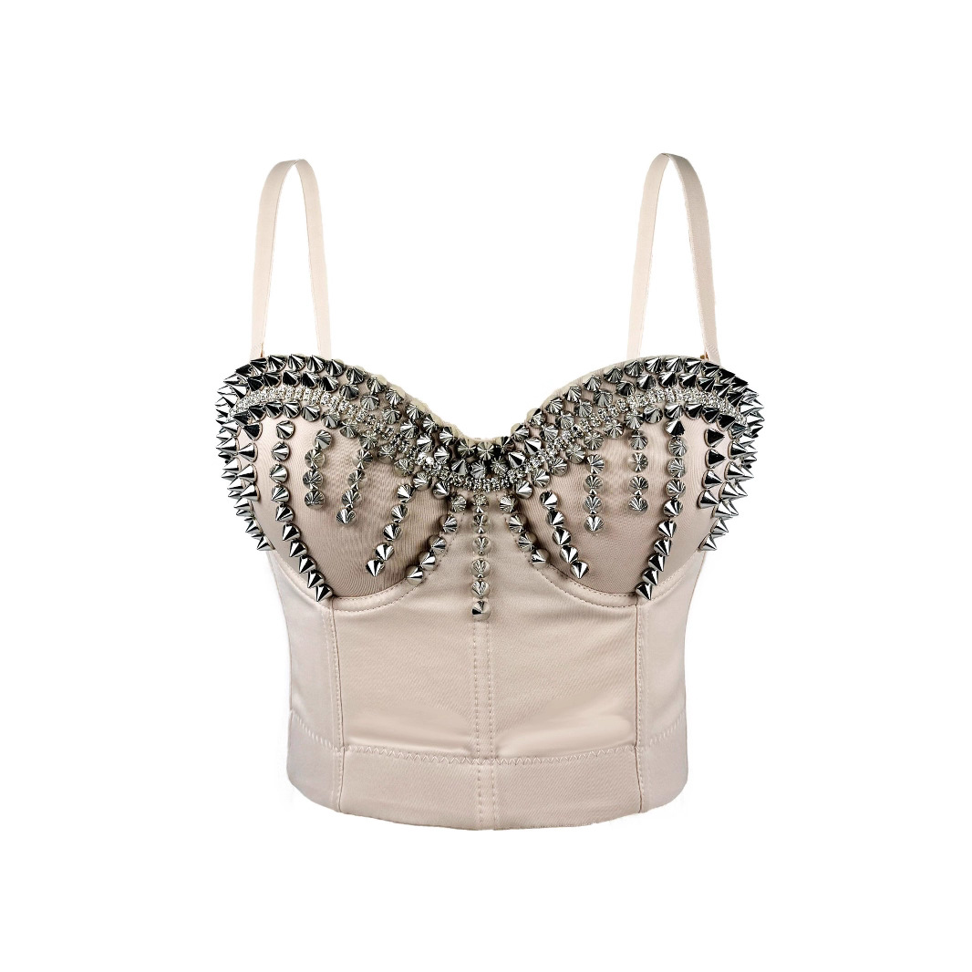 Sleek Edgy Outerwear Top With Exposed Midriff And Decorative Rivets