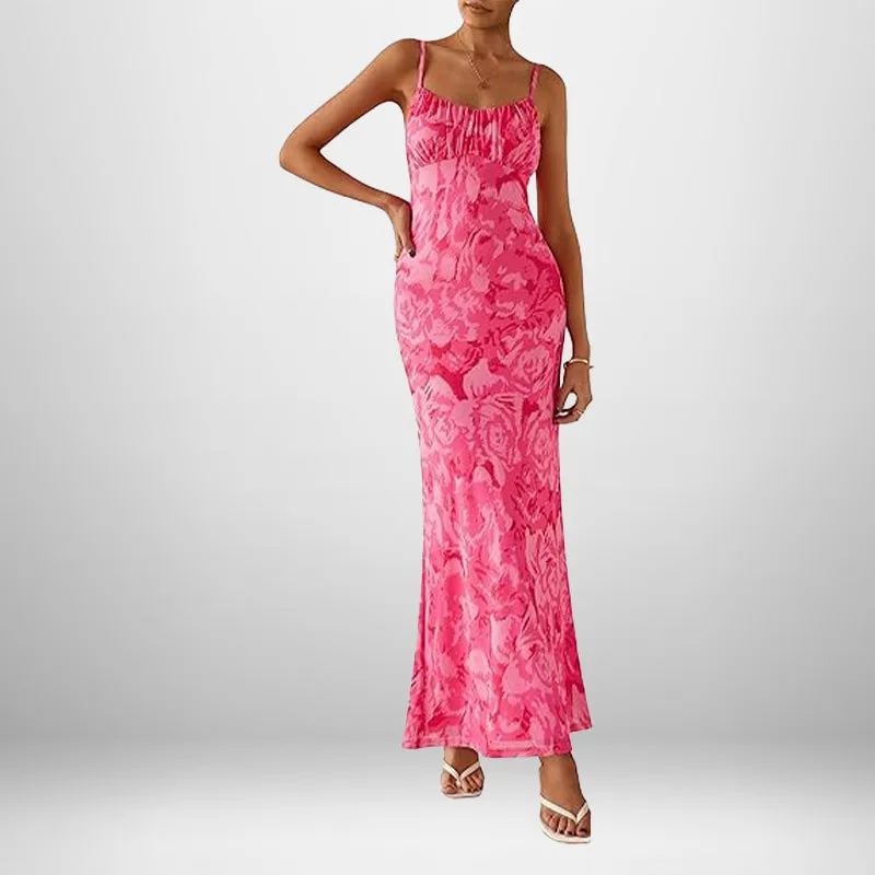 Elegant And Stylish Women's Bodycon Long Dress With Halter Neck And Print - Pink