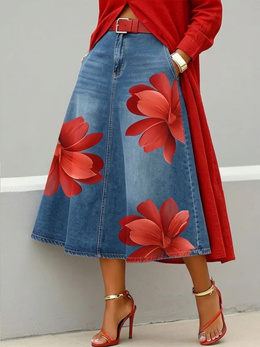Women's denim-style floral A-line skirt in Rose Red Flowers – boho styling with fitted top and strappy sandals