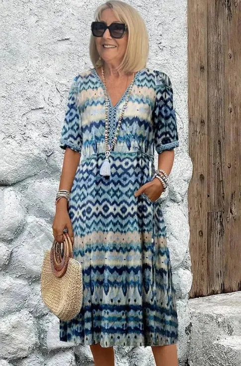 Women's Loose And Fashionable High-end V-neck Printed Dress - 1Style-S