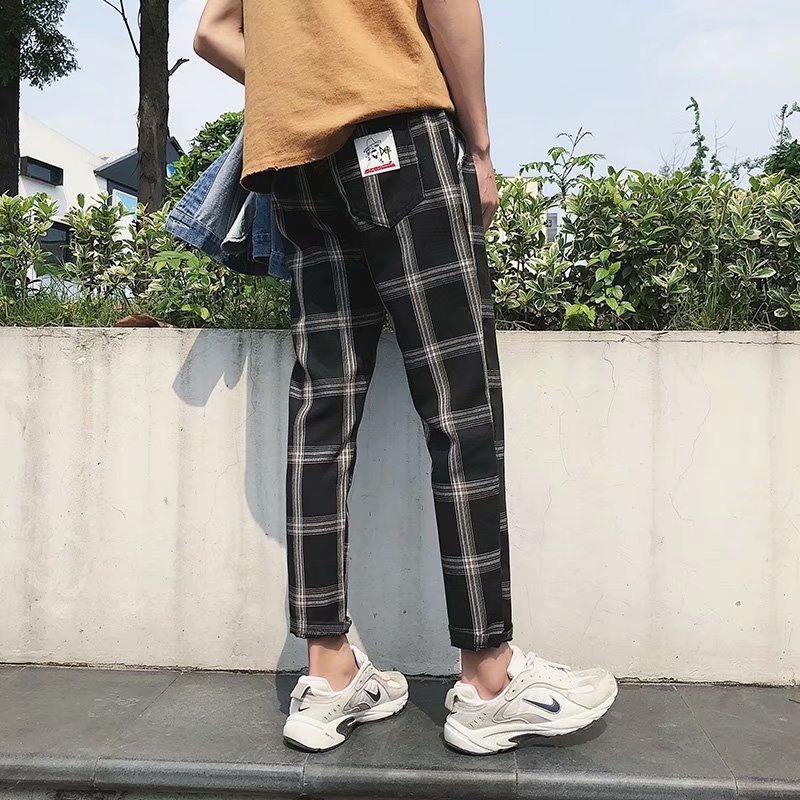 Hong Kong Style Plaid Cropped Casual Men's Versatile Skinny Korean Hipster Pants