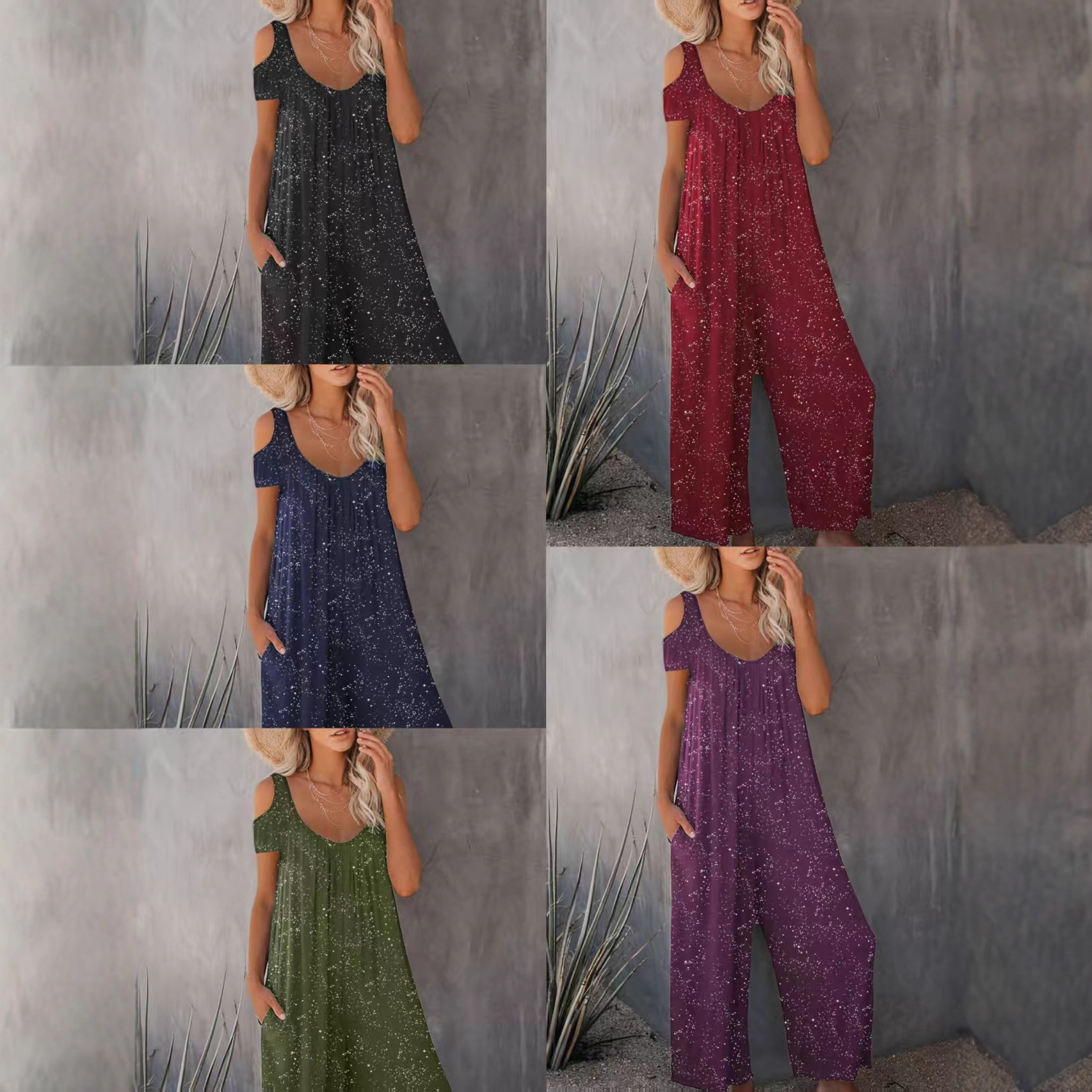 Fashionable Off-shoulder Sexy Powder-dusting Strap Jumpsuit With Long Pants