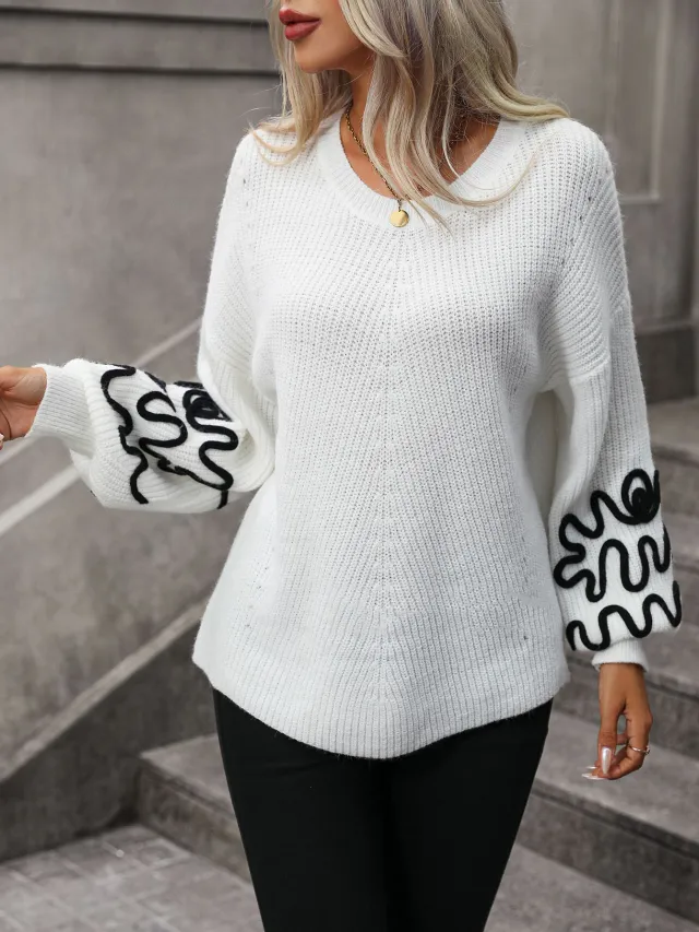 European And American Solid Color Pattern Fashionable Knitted Sweater White - Shop at LoveMi