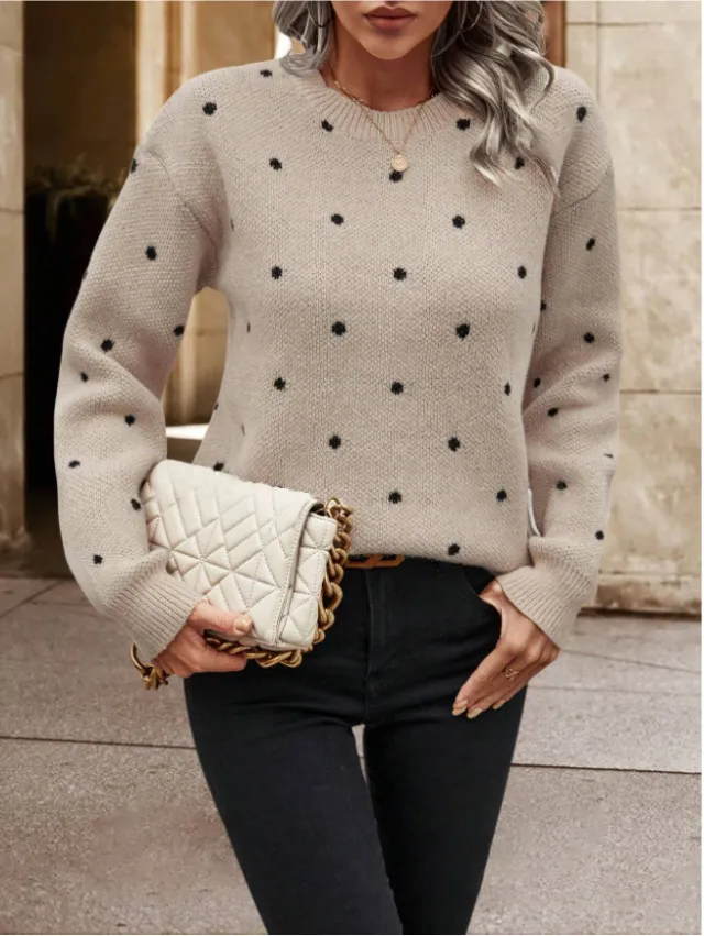 Fashion Round Neck Long Sleeve Pullover Sweater Polka Dot Print Knitwear Khaki - Shop at LoveMi