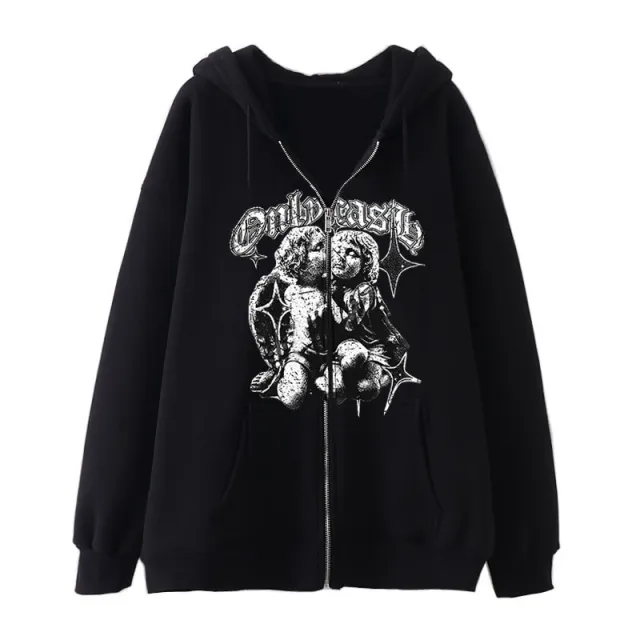 Women's Casual Hoodie Wings Angel Zipper Sweater Black - Shop at LoveMi
