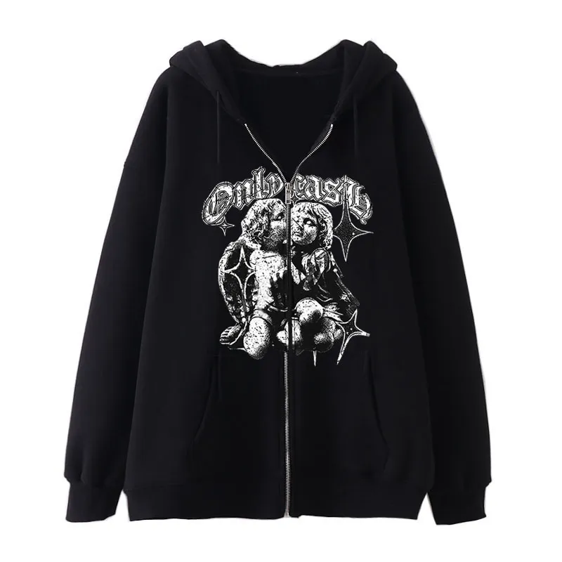 Women's Casual Hoodie Wings Angel Zipper Sweater - Black