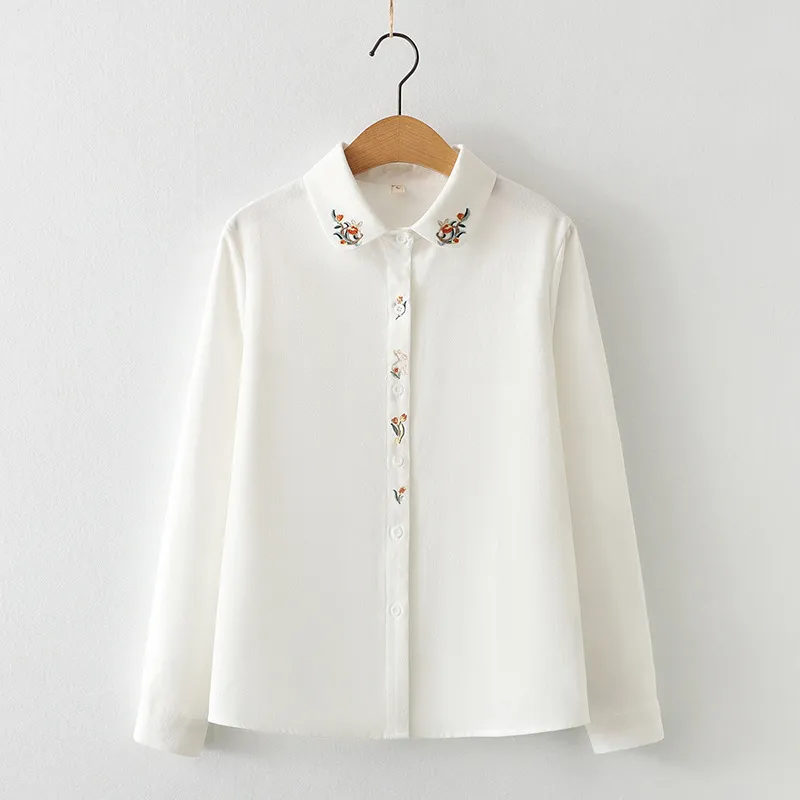 Flower Embroidered Cotton Round Neck Long Sleeve Shirt Women's Placket Rabbit Shirt - Red