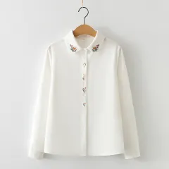Flower Embroidered Cotton Round Neck Long Sleeve Shirt Women's Placket Rabbit Shirt - Red - View 1