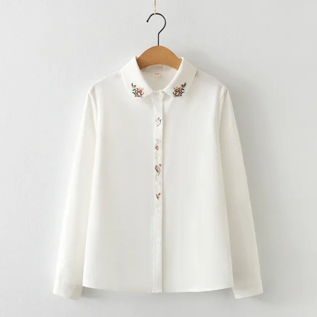 Flower Embroidered Cotton Round Neck Long Sleeve Shirt Women's Placket Rabbit Shirt Red - Shop at LoveMi