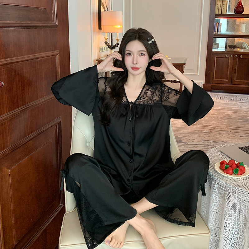 Women's Long-sleeved Ice Silk Pajamas Lace Suit