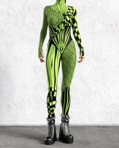 Geometric Print Halloween Costume Catsuit for Women - Neon Green - View 1