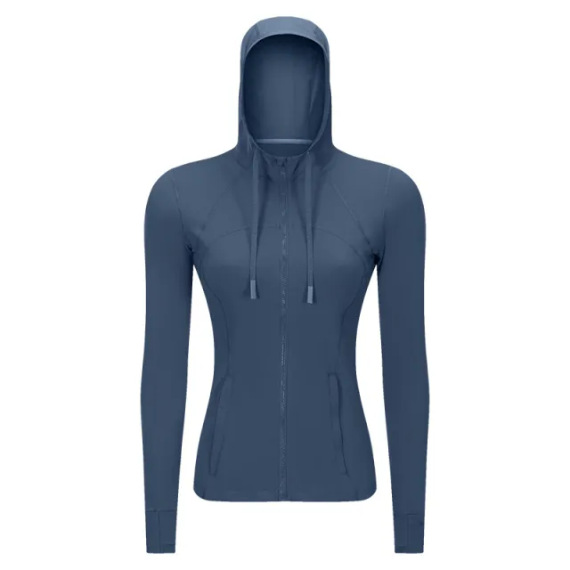 Women's Sports Hooded Jacket Slim fit Zipper Elastic Running Yoga Clothes Night Blue - Shop at LoveMi