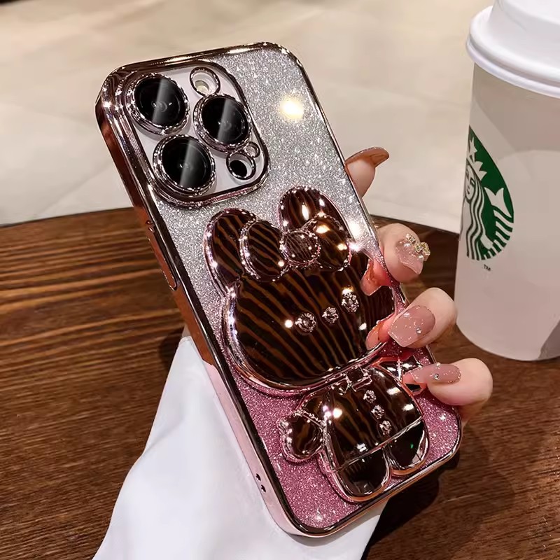 Electroplated Rabbit Stand Phone Case With Makeup Mirror Gradient Protective Cover 9