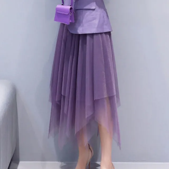 Solid Color Irregular Mesh Skirt High Waist A Line Skirt Purple - Shop at LoveMi