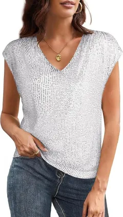 Women's V-neck Sequins Short-sleeved Top Vest - White - View 1