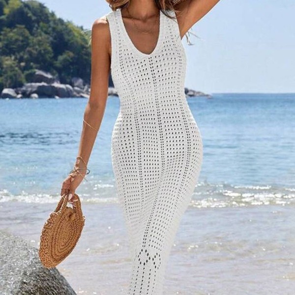 Knitted Hollow-out Long Vest Bikini Blouse Dress