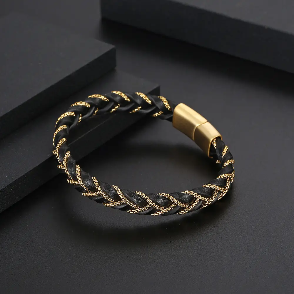Men's Stainless Steel Ring Bracelet Simple Woven Leather Bracelet