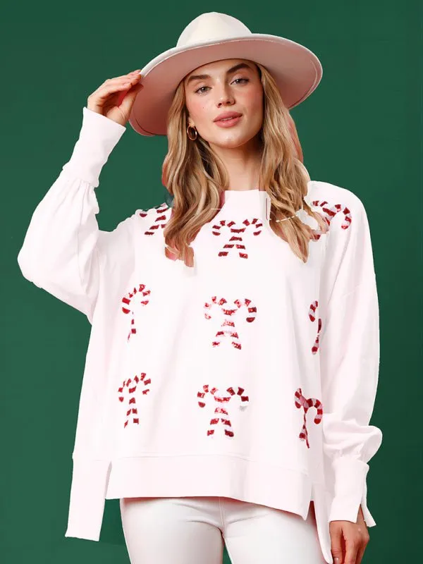 Women's Christmas Sequin Crew Neck Sweater, White - Shop at LoveMi