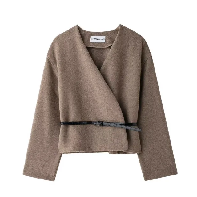 Clothing With Belt Soft V neck Long Sleeve Jacket Coat Brown - Shop at LoveMi