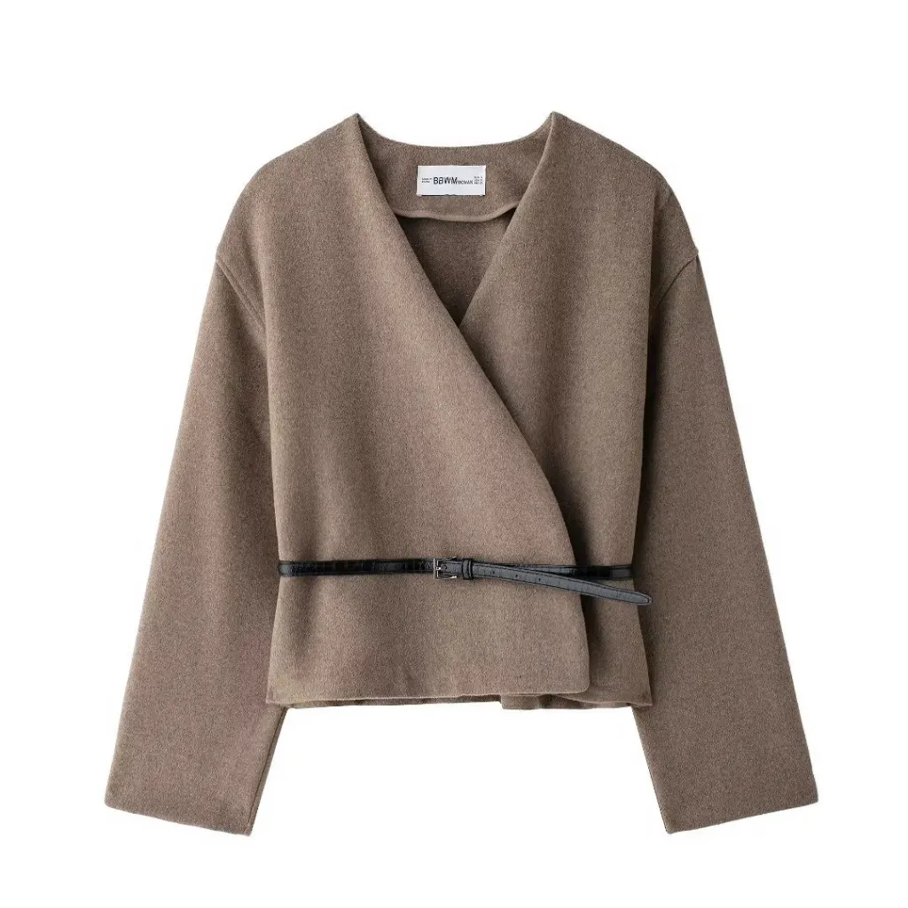 Clothing With Belt Soft V-neck Long Sleeve Jacket Coat - Brown