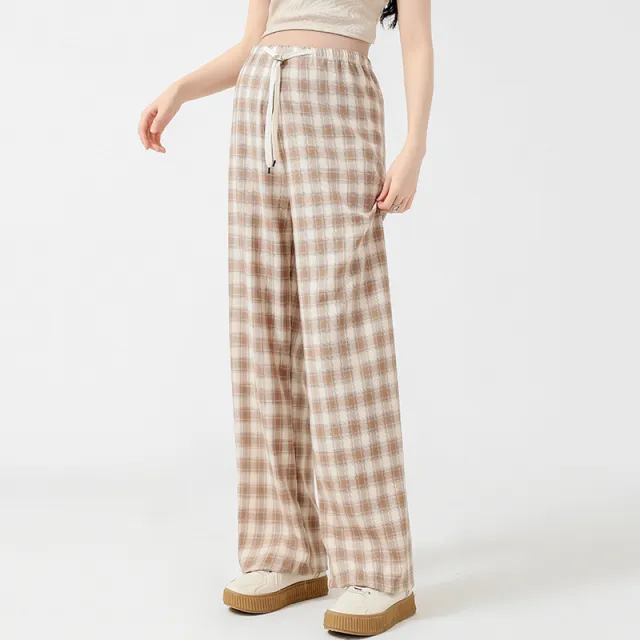 Retro Plaid Narrow Wide leg Pants Slim Loose Casual Coffee White Plaid - Shop at LoveMi
