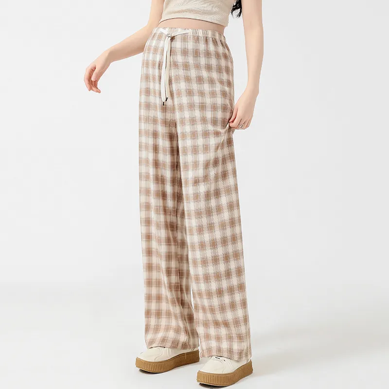 Retro Plaid Narrow Wide-leg Pants Slim Loose Casual - Coffee White Plaid