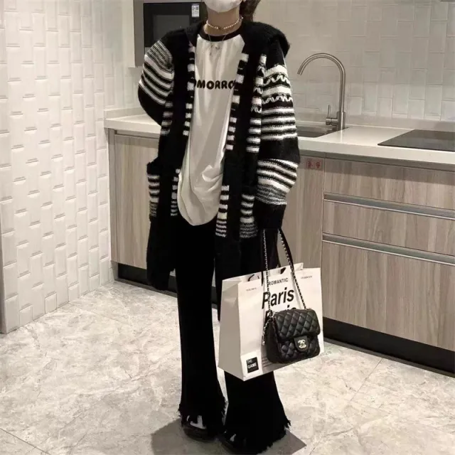 Autumn Winter Retro Wave Stripe Hooded Sweater Black - Shop at LoveMi