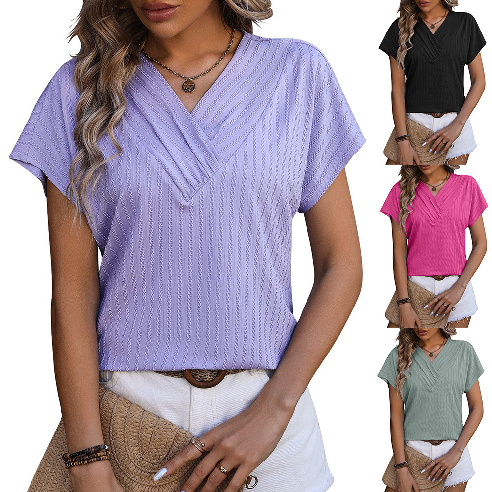 Women's V-Neck Chain Jacquard Top Short-Sleeve T-Shirt