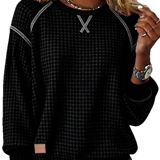 Womens Artistic Vintage Crew-Neck Long-Sleeve Jacquard Plaid Knit Sweater