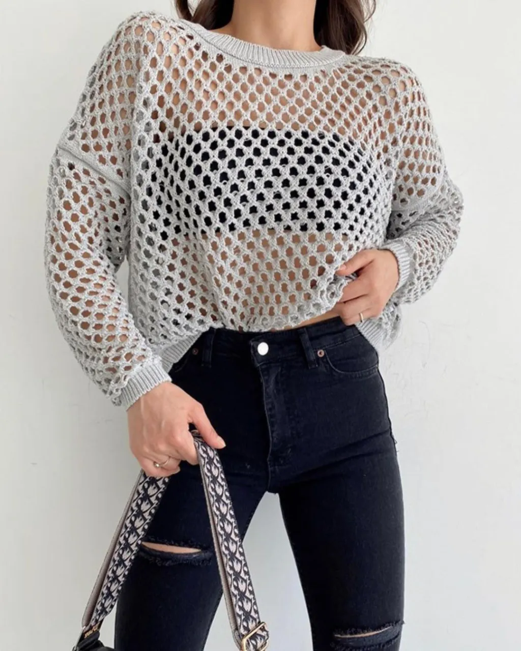 Women's Stylish Loose Round Neck Hollow Out Sweater - Gray