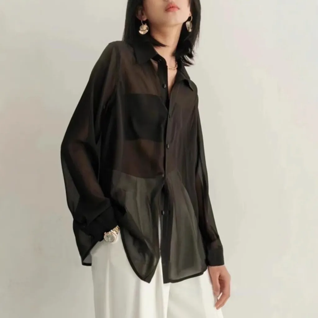 Lady Temperament Micro Transparent Chiffon Shirt Air Conditioning Shirt - Black