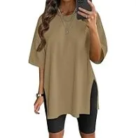Women's Solid Color Split Short sleeved T shirt Round Neck Loose Top Khaki - Shop at LoveMi